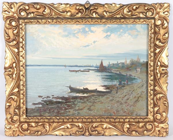 Pittore Italiano Post-Impressionista - Signed. &quot;Lake view with boats and fishermen&quot;, small oil painting on plywood, gilded and carved wooden frame