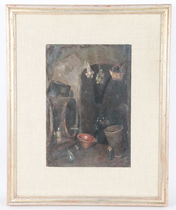 Pittore Italiano Fine XIX Secolo - Signed. &quot;Cellar interior with barrels and flasks&quot;, small oil painting on board in gilded frame and passepartout