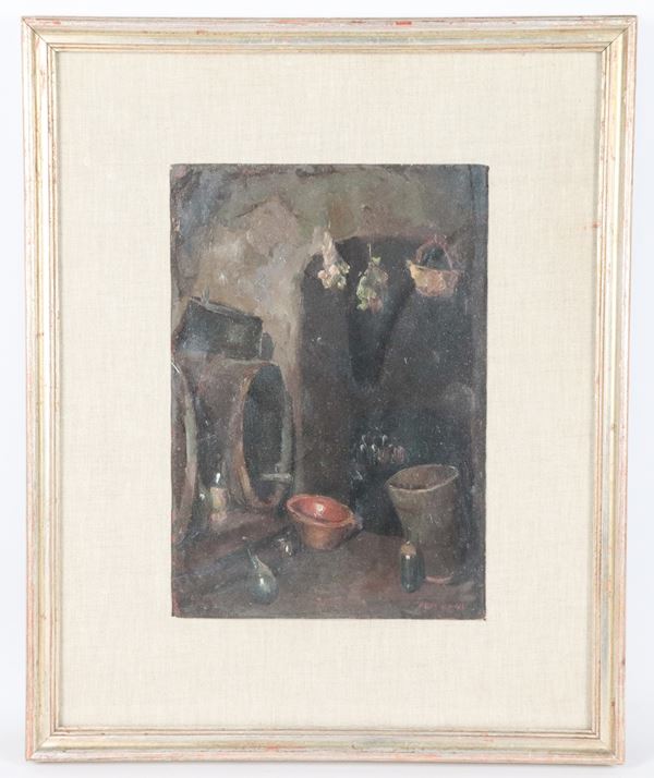 Pittore Italiano Fine XIX Secolo - Firmato. "Interno di cantina con botti e fiaschi", piccolo dipinto ad olio su tavoletta in cornice dorata e passepartout