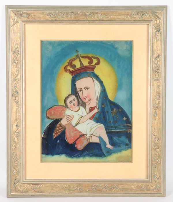 Scuola Italia Meridionale Fine XIX Secolo - &quot;Madonna with Child&quot;, small oil painting under glass in carved frame and passepartout