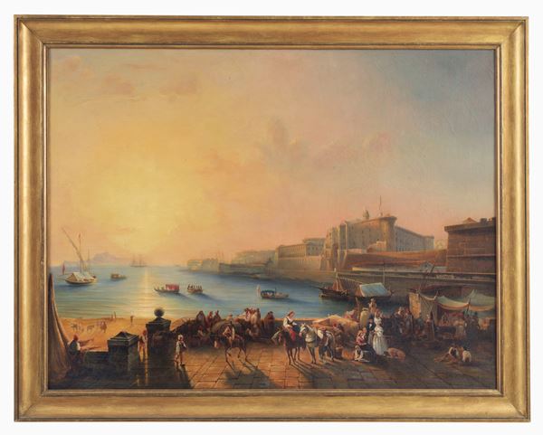 Pittore Siciliano Inizio XIX Secolo - &quot;View of the port of Palermo with the fishermen&#39;s market and Mount Pellegrino in the background&quot;, bright oil painting on canvas of excellent pictorial execution, gilded wooden frame