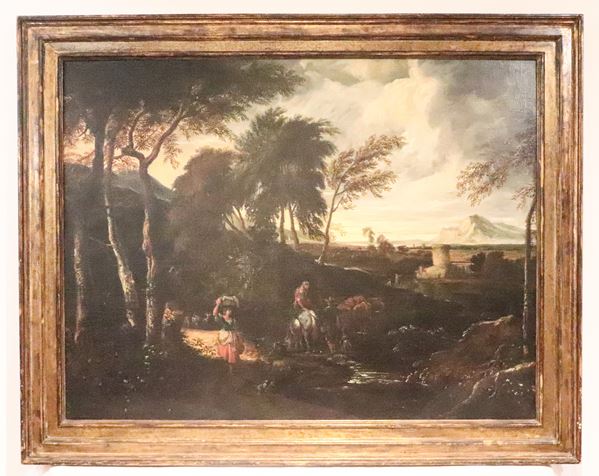 Pandolfo Reschi - Att.to. &quot;Landscape with shepherds and peasant woman&quot;, oil painting on canvas in a gilded and carved wooden frame