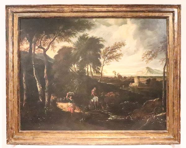 Pandolfo Reschi - Att.to. "Paesaggio con pastori e contadina", dipinto ad olio su tela in cornice in legno dorato e intagliato