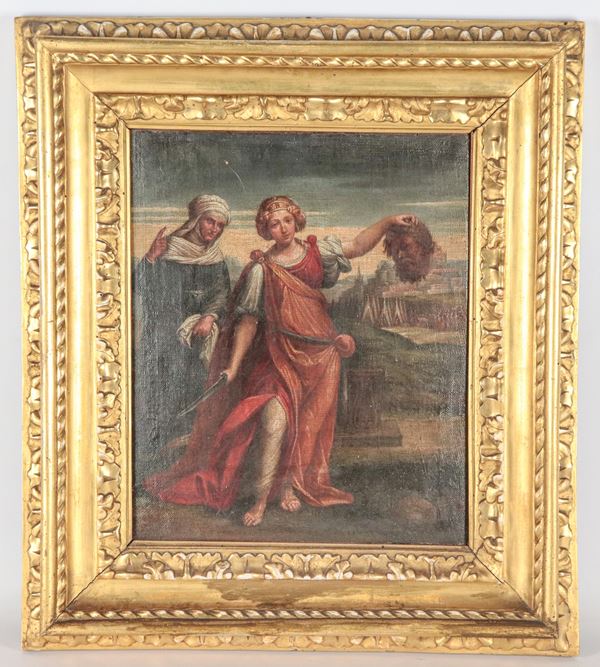 Scuola Italiana XVIII Secolo - "Giuditta con la testa di Oloferne", piccolo dipinto ad olio su tela in cornice in legno dorato e intagliato