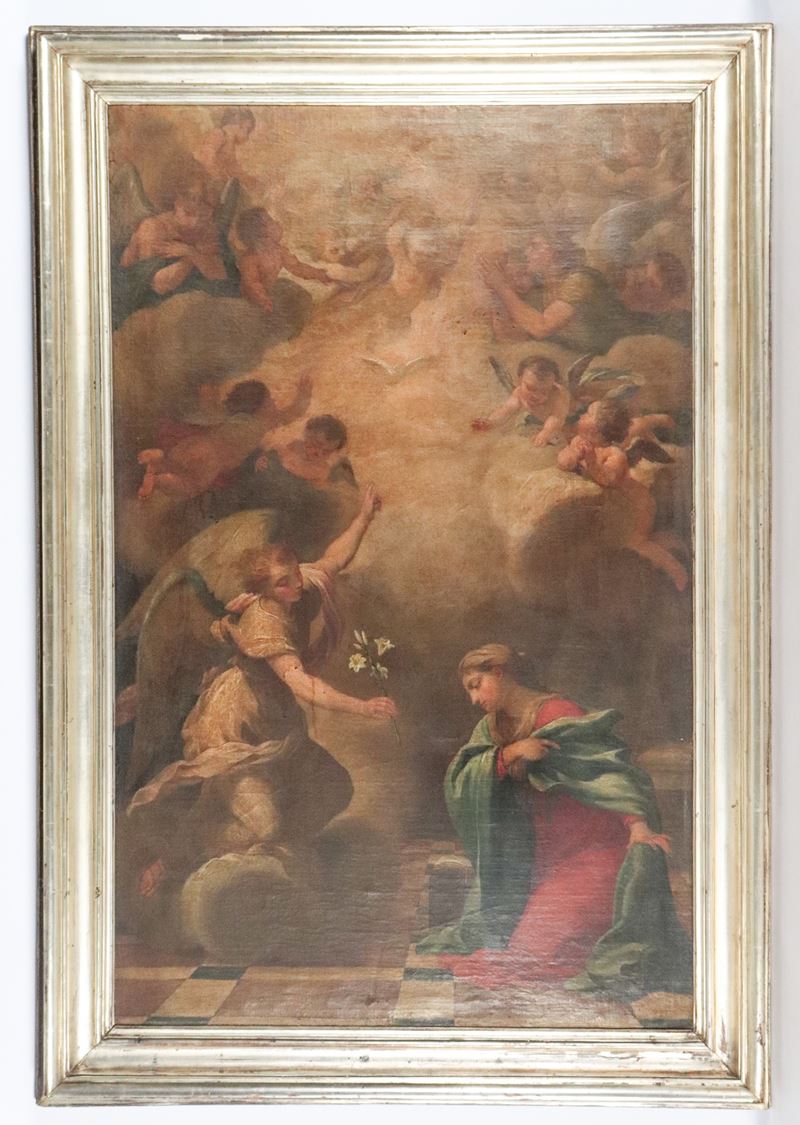 "L'Annunciazione", dipinto ad olio su tela di ottima esecuzione pittorica, cornice in legno argen...