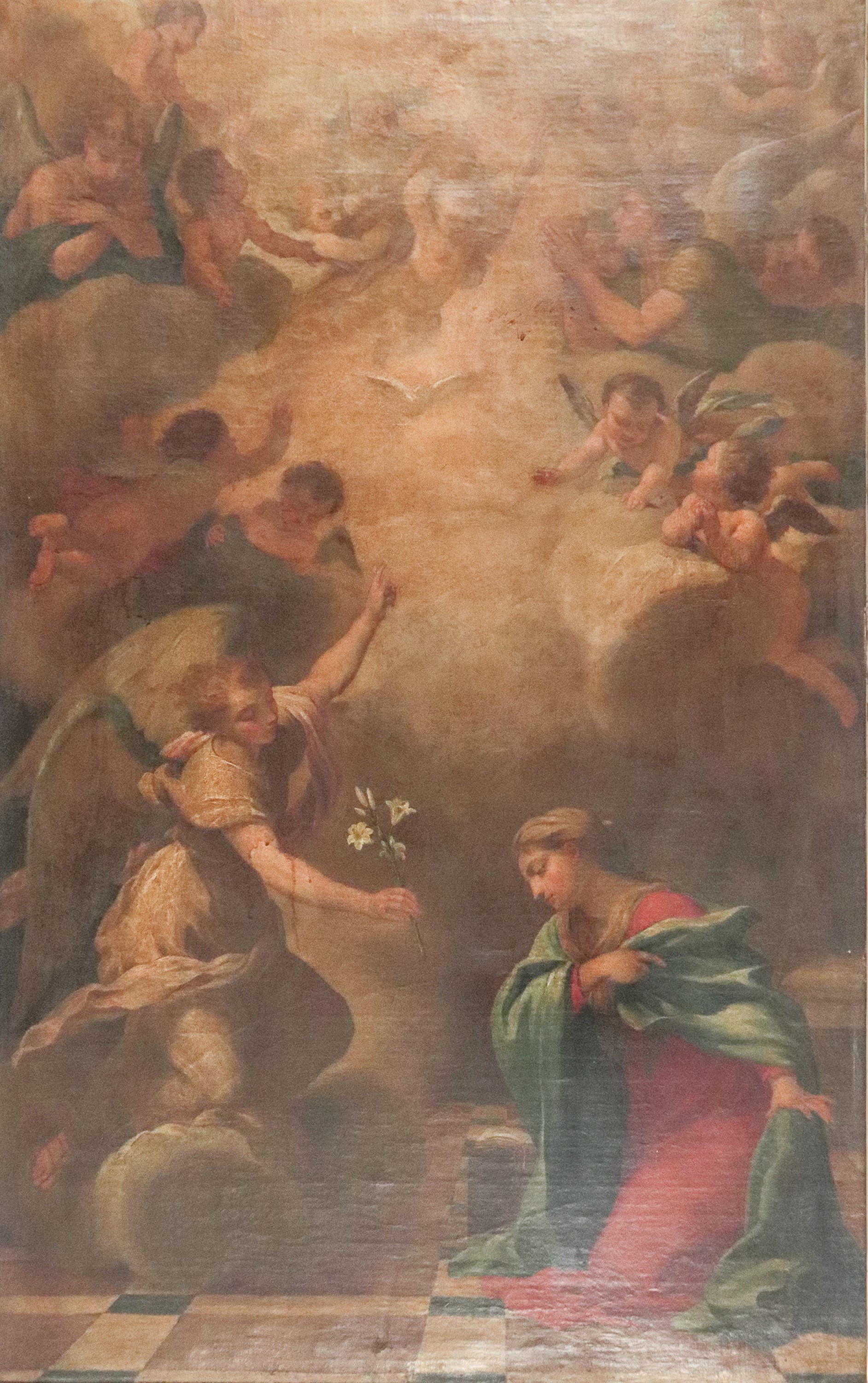 "L'Annunciazione", dipinto ad olio su tela di ottima esecuzione pittorica, cornice in legno argen...