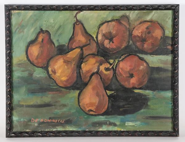 Artista Italiano - Inizio XX Secolo - Firmato. "Natura morta con pere", piccolo dipinto ad olio su tela in cornice in legno ebanizzato
