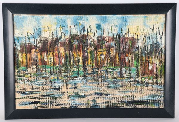 Artista Russo - Arte Contemporanea - Siglato. "Darsena", dipinto ad olio in cornice in legno ebanizzato