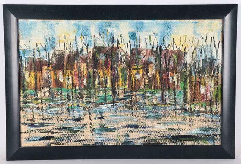 Siglato. "Darsena", dipinto ad olio in cornice in legno ebanizzato