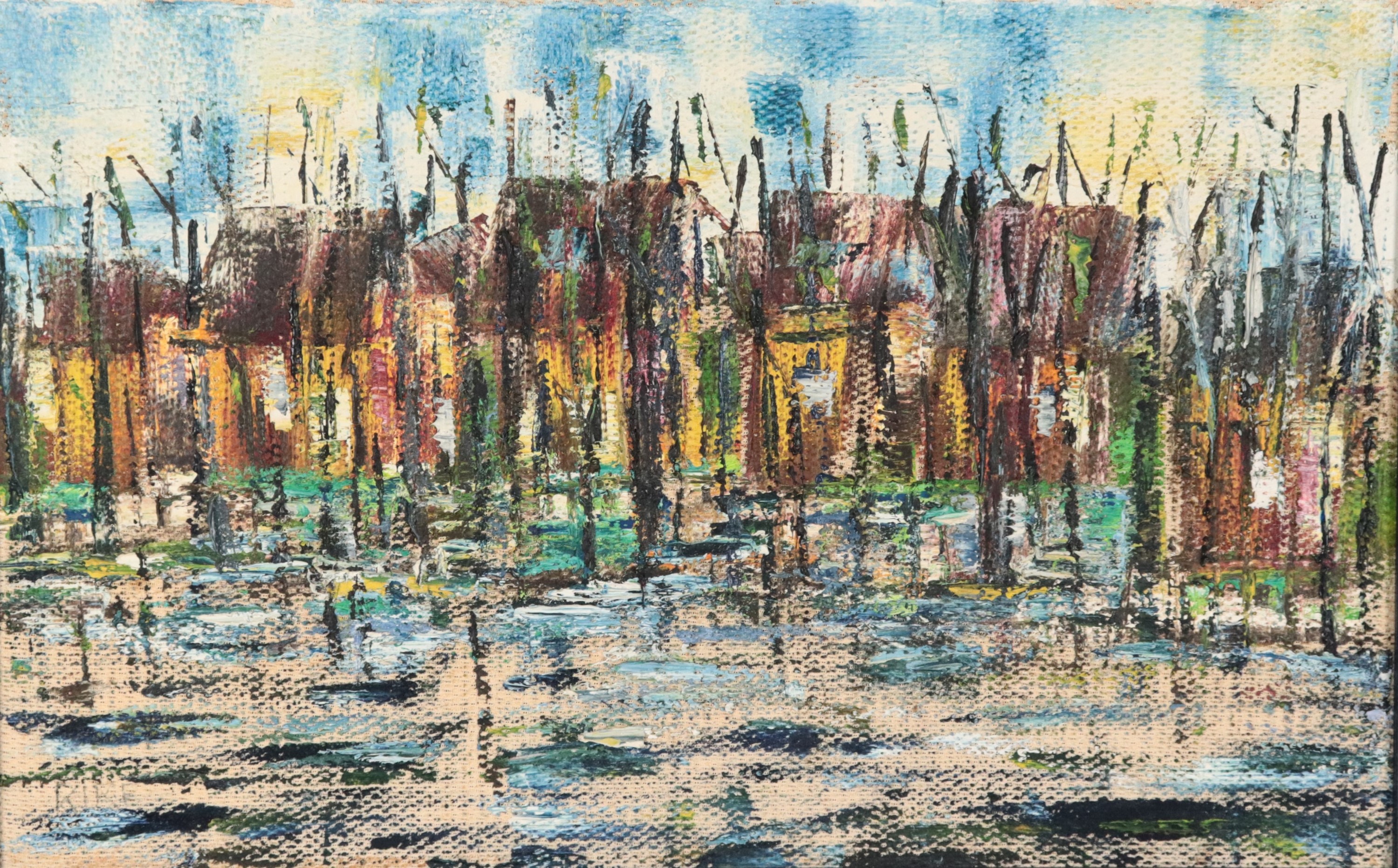 Siglato. "Darsena", dipinto ad olio in cornice in legno ebanizzato