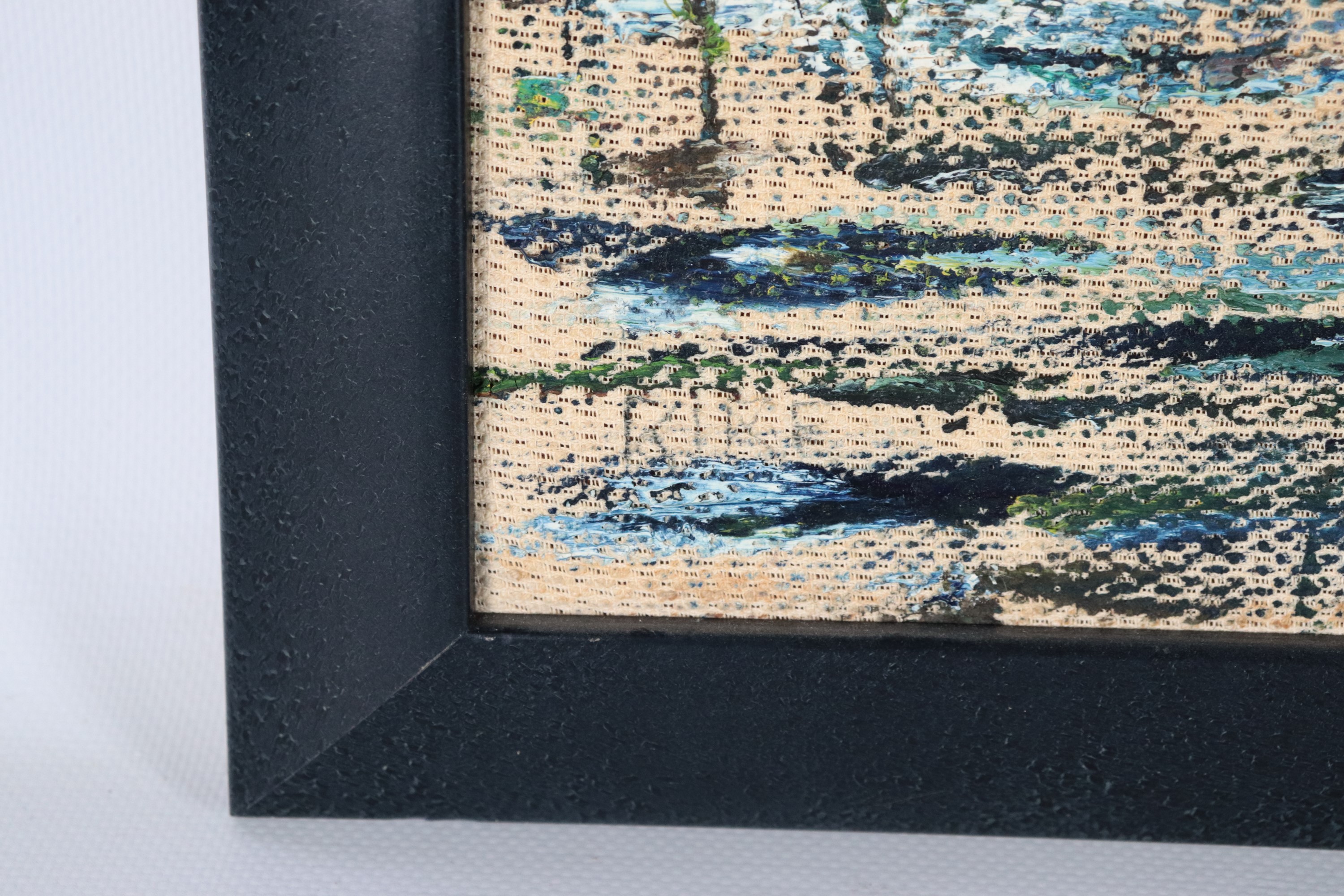 Siglato. "Darsena", dipinto ad olio in cornice in legno ebanizzato