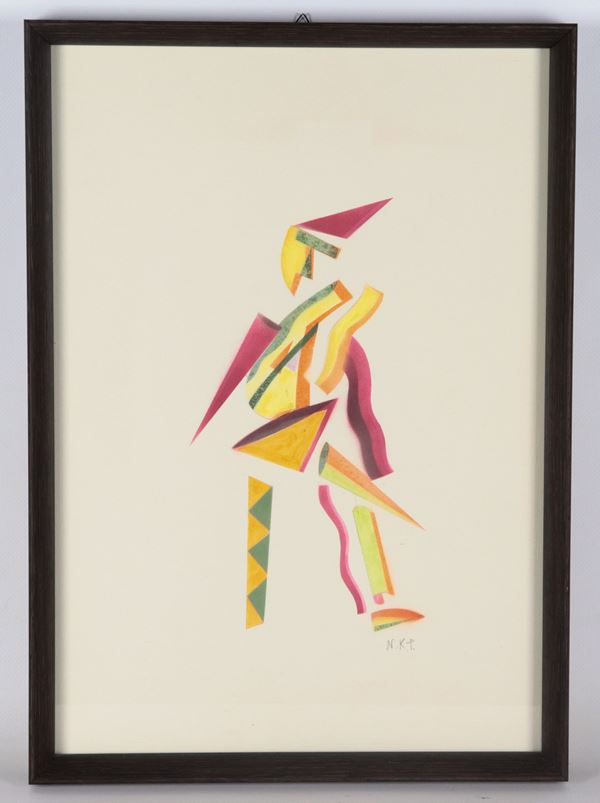 Artista Russo - Arte Contemporanea - Siglato. "Figura astratta", piccolo dipinto a tecnica mista su carta, cornice in legno ebanizzato