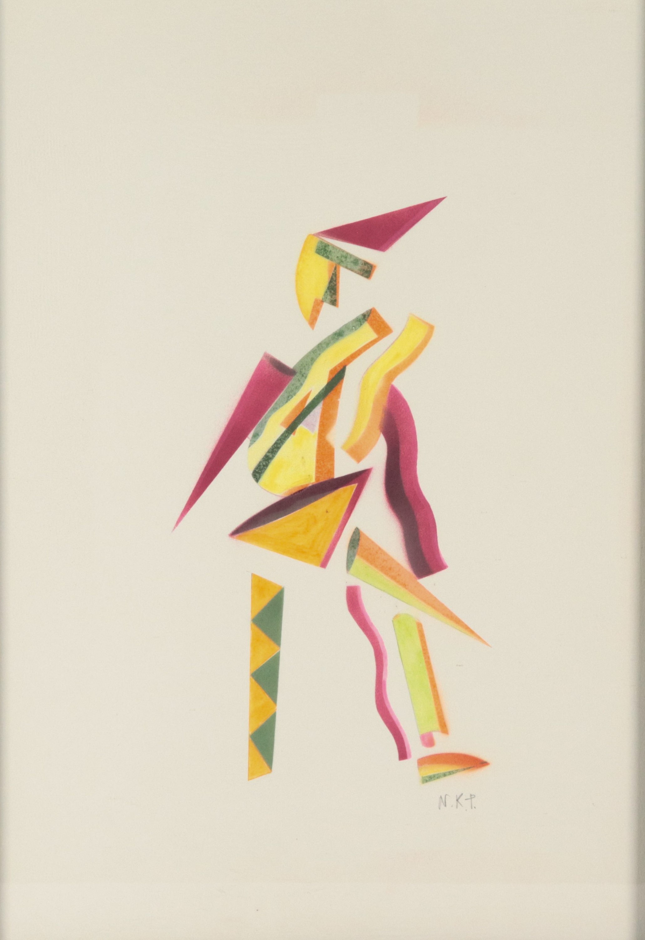 Siglato. "Figura astratta", piccolo dipinto a tecnica mista su carta, cornice in legno ebanizzato