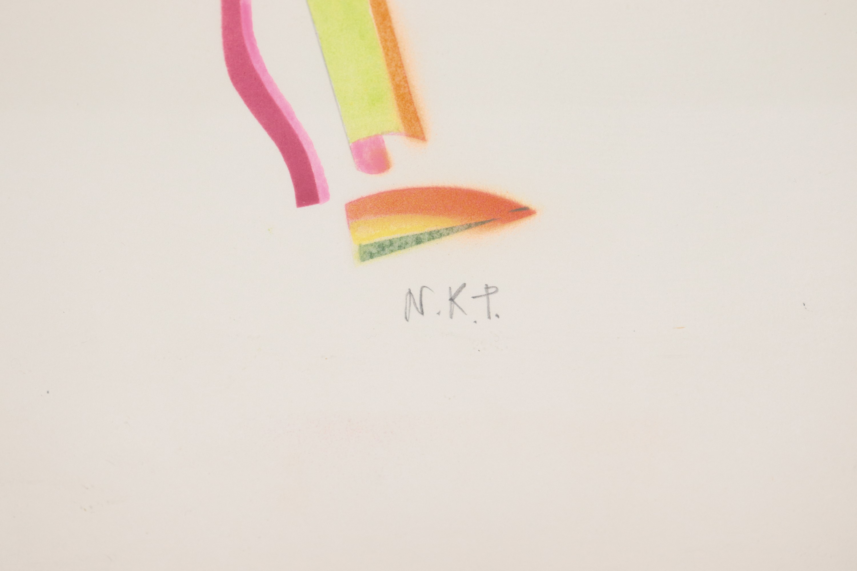 Siglato. "Figura astratta", piccolo dipinto a tecnica mista su carta, cornice in legno ebanizzato