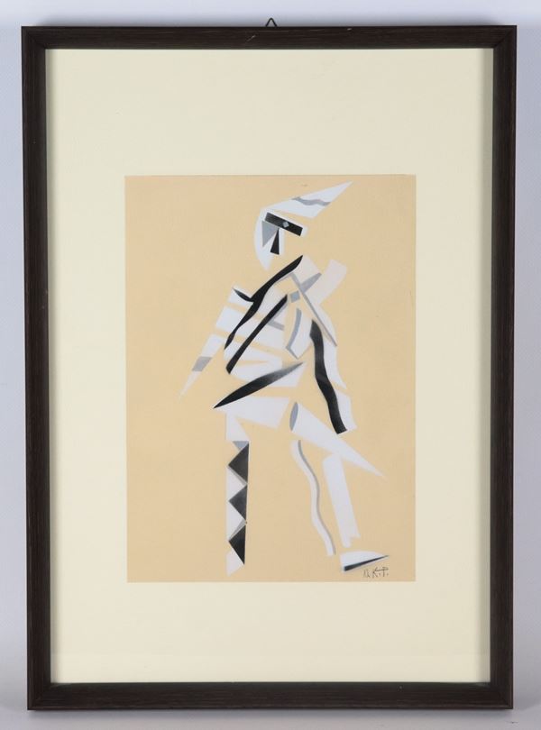 Artista Russo - Arte Contemporanea - Siglato. "Figura maschile astratta", dipinto a tecnica mista su carta in cornice ebanizzata e passepartout