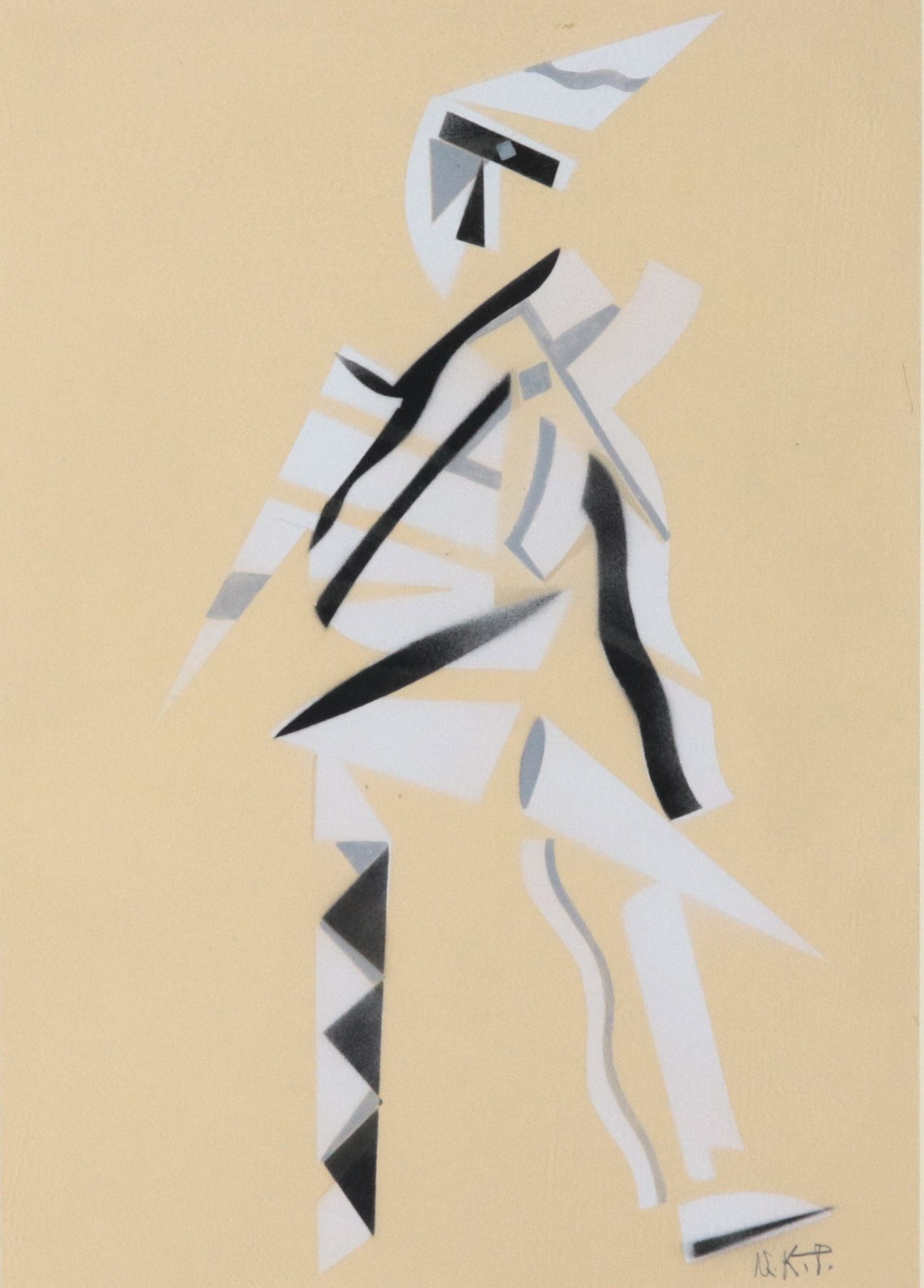 Siglato. "Figura maschile astratta", dipinto a tecnica mista su carta in cornice ebanizzata e pas...