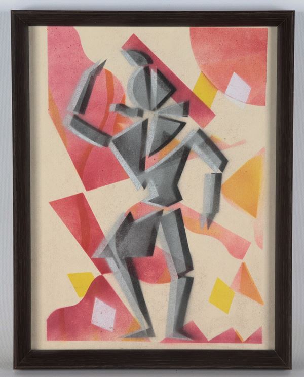 Artista Russo - Arte Contemporanea - "Figura maschile astratta", piccolo dipinto a tecnica mista su carta in cornice in legno ebanizzato