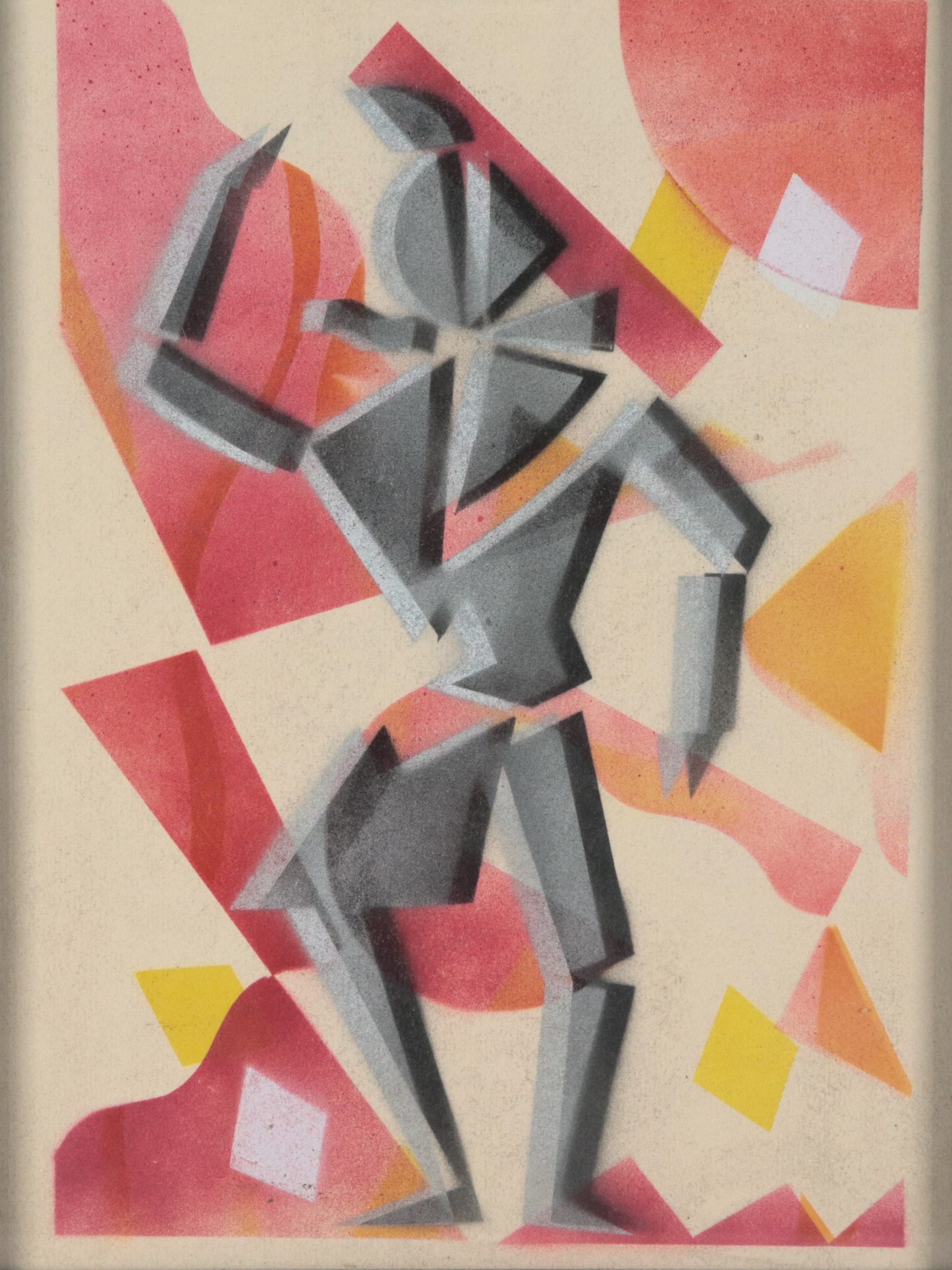 "Figura maschile astratta", piccolo dipinto a tecnica mista su carta in cornice in legno ebanizza...