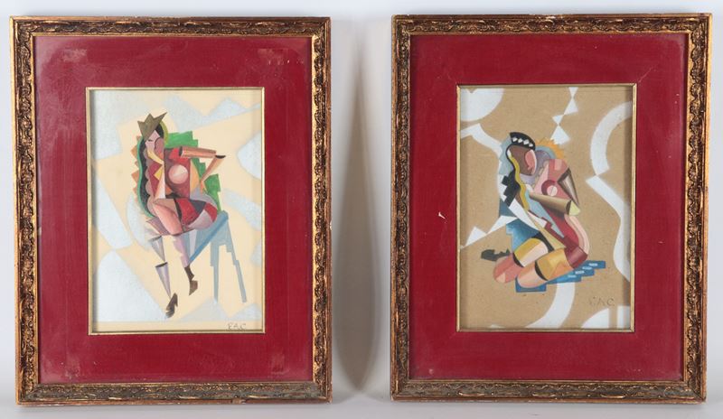 Siglati. "Figure femminili astratte", coppia di piccoli dipinti a tecnica mista su carta in corni...