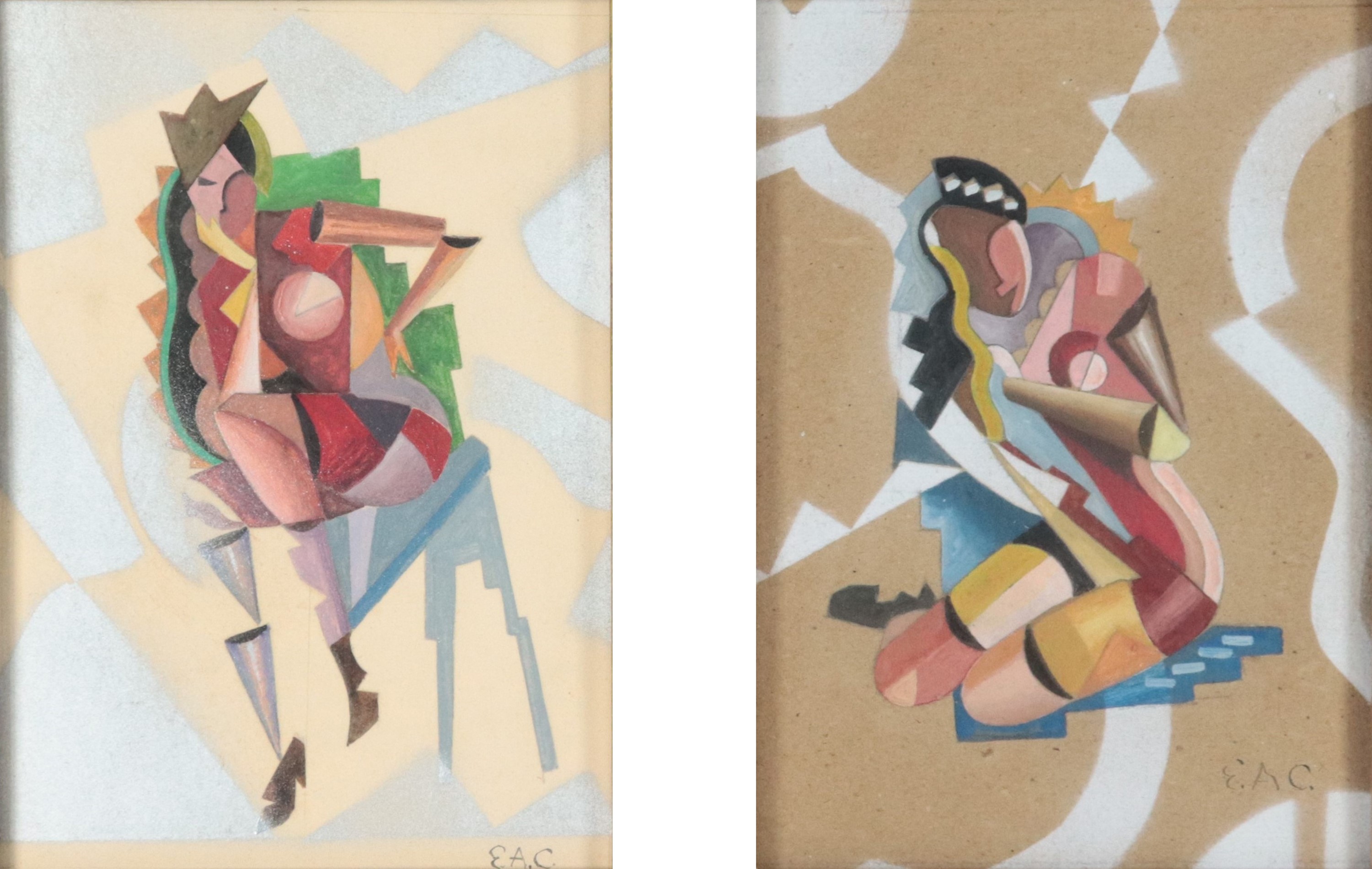 Siglati. "Figure femminili astratte", coppia di piccoli dipinti a tecnica mista su carta in corni...