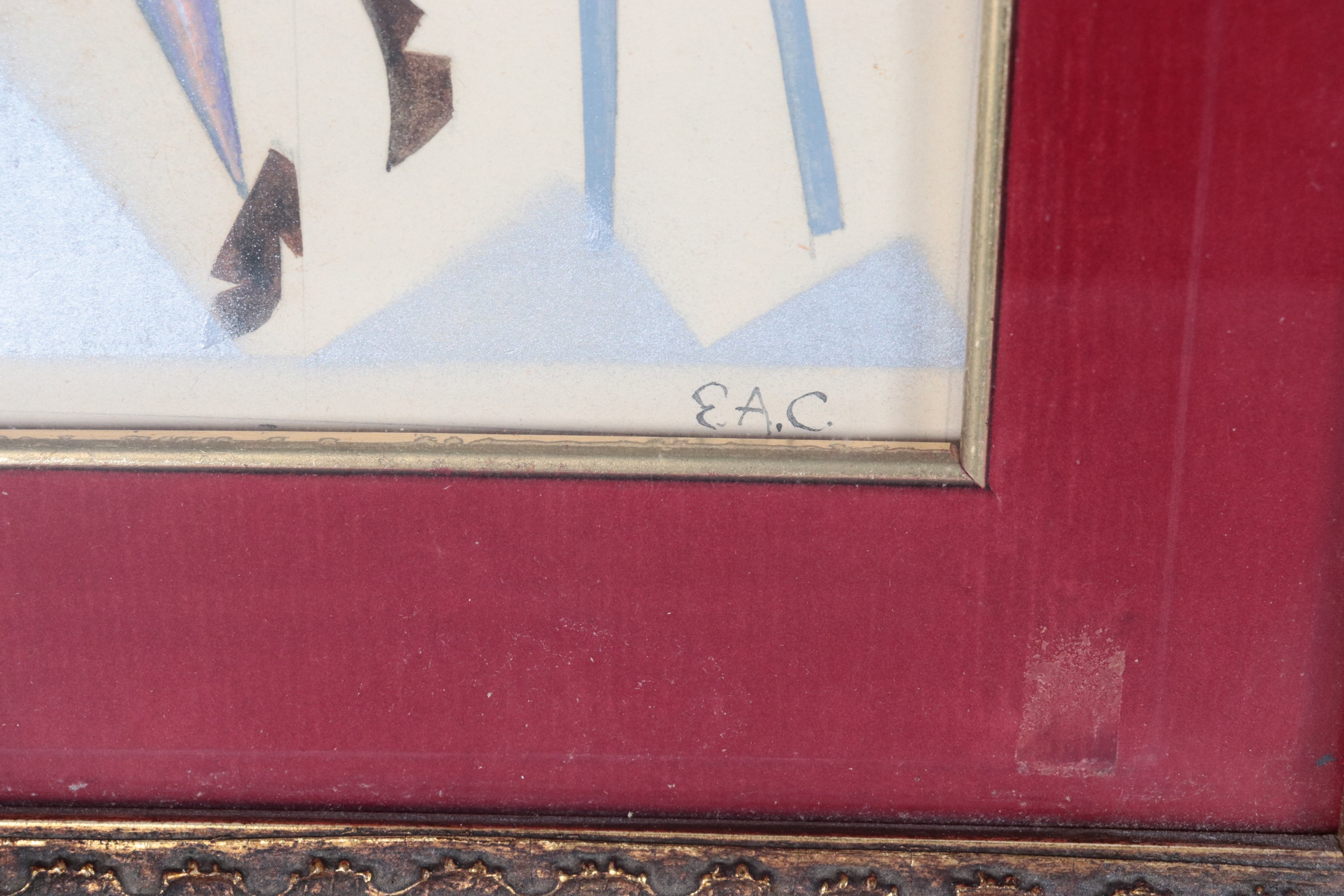 Siglati. "Figure femminili astratte", coppia di piccoli dipinti a tecnica mista su carta in corni...