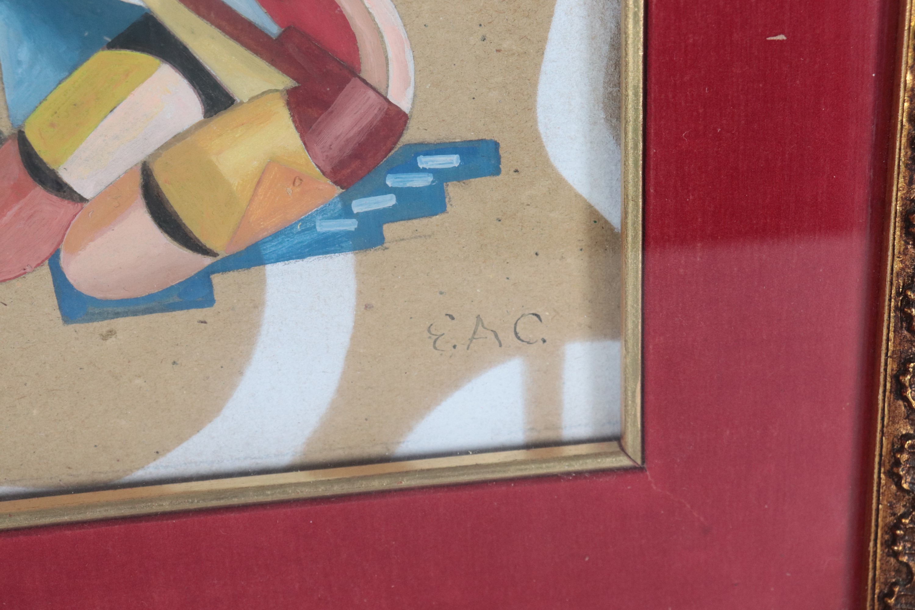 Siglati. "Figure femminili astratte", coppia di piccoli dipinti a tecnica mista su carta in corni...