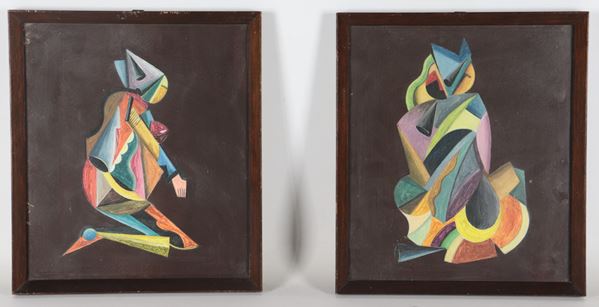 Artista Europeo - Arte Contemporanea - "Pagliacci", coppia di piccoli dipinti a tecnica mista su fondo nero, cornici in legno
