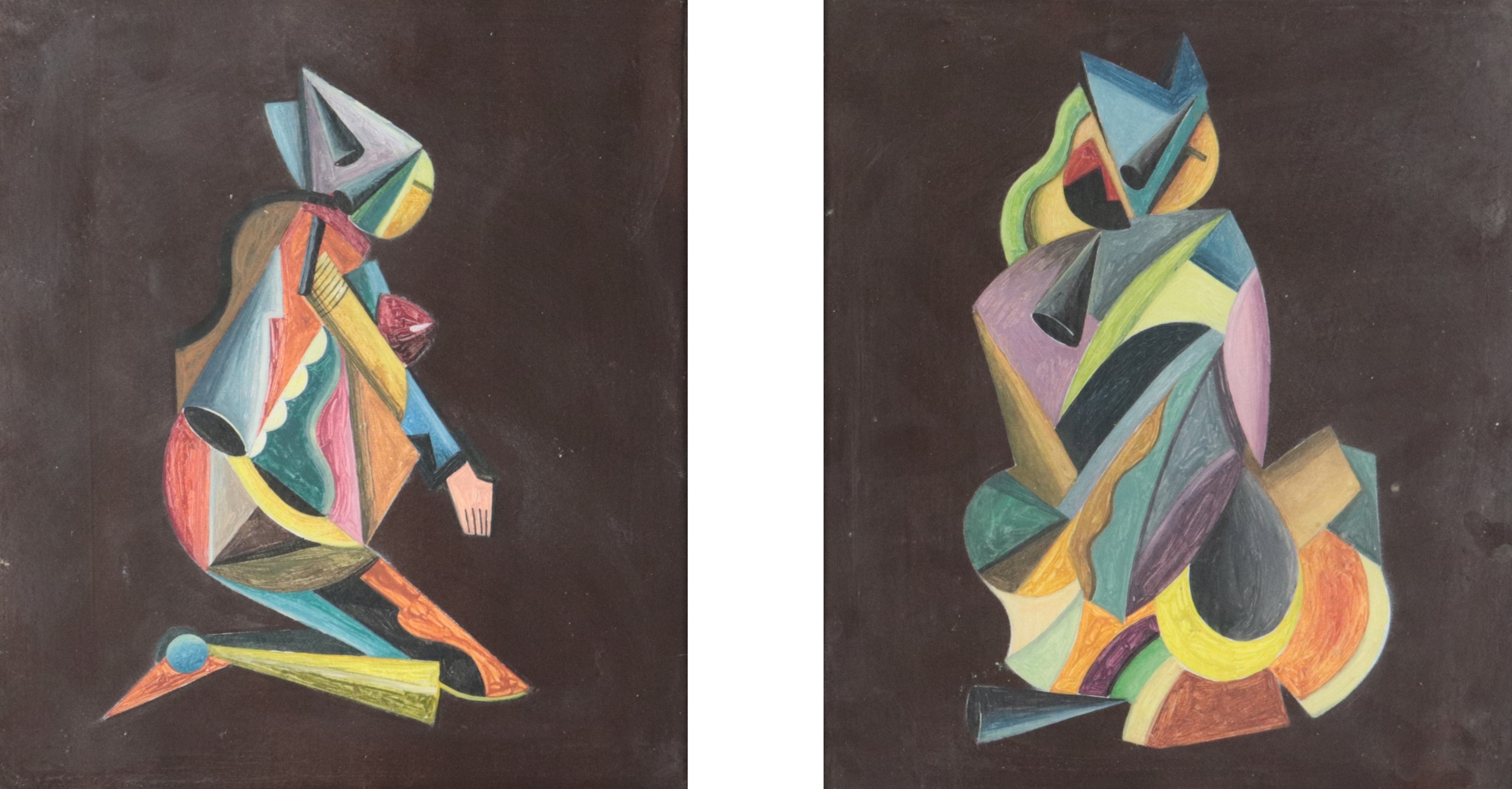 "Pagliacci", coppia di piccoli dipinti a tecnica mista su fondo nero, cornici in legno