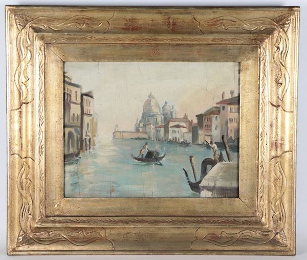 Scuola Veneta Inizio XX Secolo - "Veduta di Venezia con gondolieri", piccolo dipinto ad olio su compensato in cornice in legno dorato