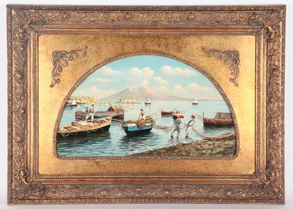 Luigi Savino - Firmato. "Veduta del Golfo di Napoli con barche e pescatori", piccolo dipinto ad olio a sesto ovale in cornice in legno dorato