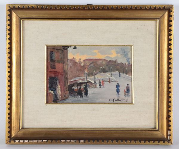 Natale Pollastrini - Firmato. "Veduta dell'Isola Tiberina", piccolo dipinto ad olio in cornice dorata e passepartout