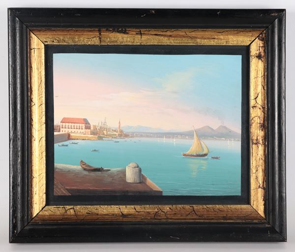 Scuola Napoletana Met&#224; XIX Secolo - "Veduta del Golfo di Napoli con il Vesuvio e barche di pescatori", gouache su carta in cornice ebanizzata e dorata