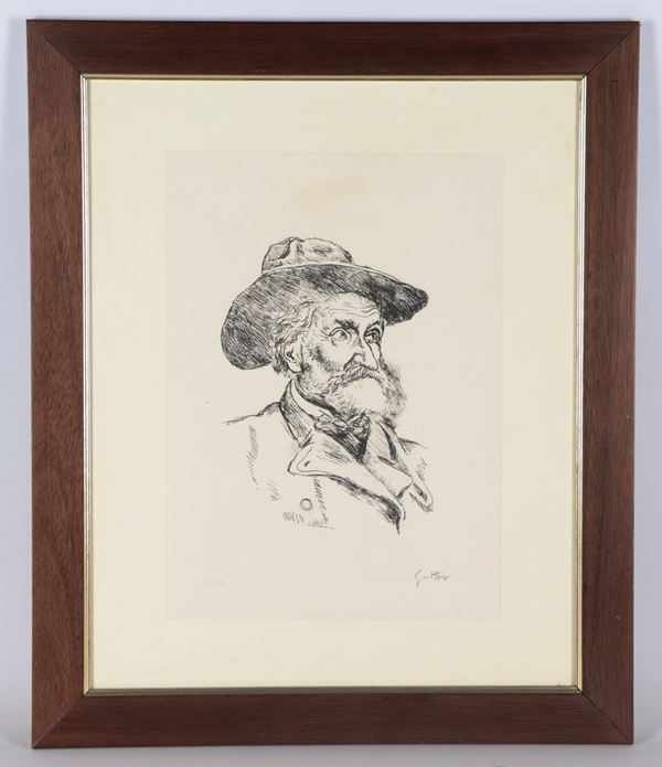 Renato Guttuso - "Vecchio con barba", litografia su carta, multiplo 54/120, cornice in noce e passepartout