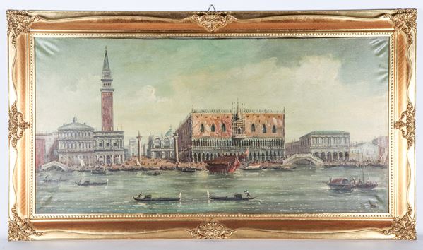 Guarana F. (XIX-XX Secolo) - Firmato. "Veduta di Venezia con Piazza San Marco, Palazzo Ducale e gondolieri", luminoso dipinto ad olio su tela di piacevole esecuzione pittorica, cornice in legno dorato e intagliato