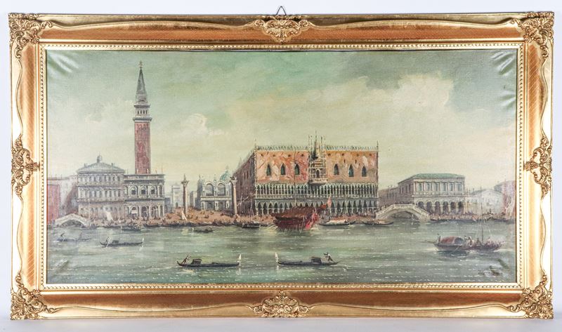 Firmato. "Veduta di Venezia con Piazza San Marco, Palazzo Ducale e gondolieri", luminoso dipinto ...