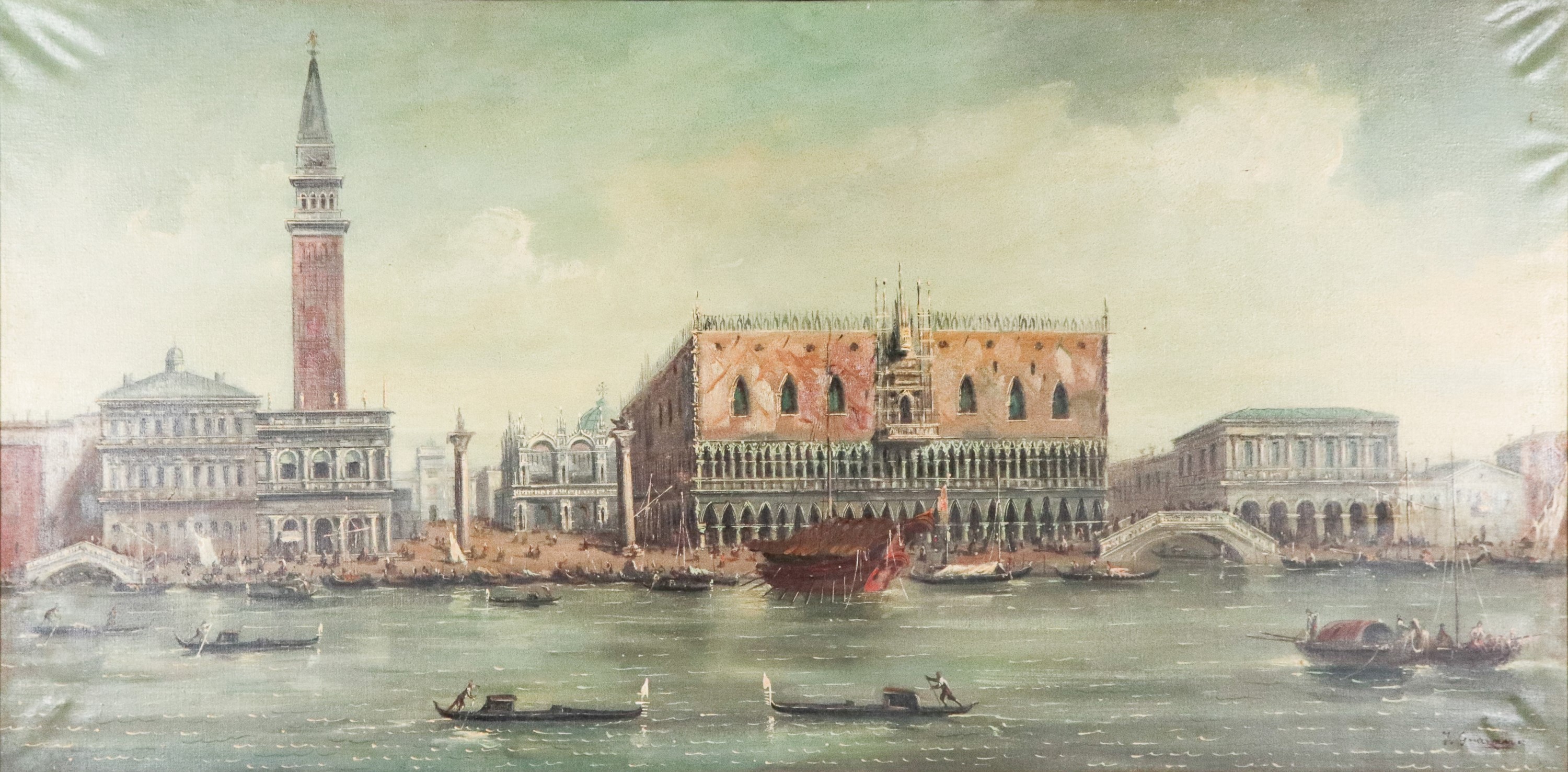Firmato. "Veduta di Venezia con Piazza San Marco, Palazzo Ducale e gondolieri", luminoso dipinto ...