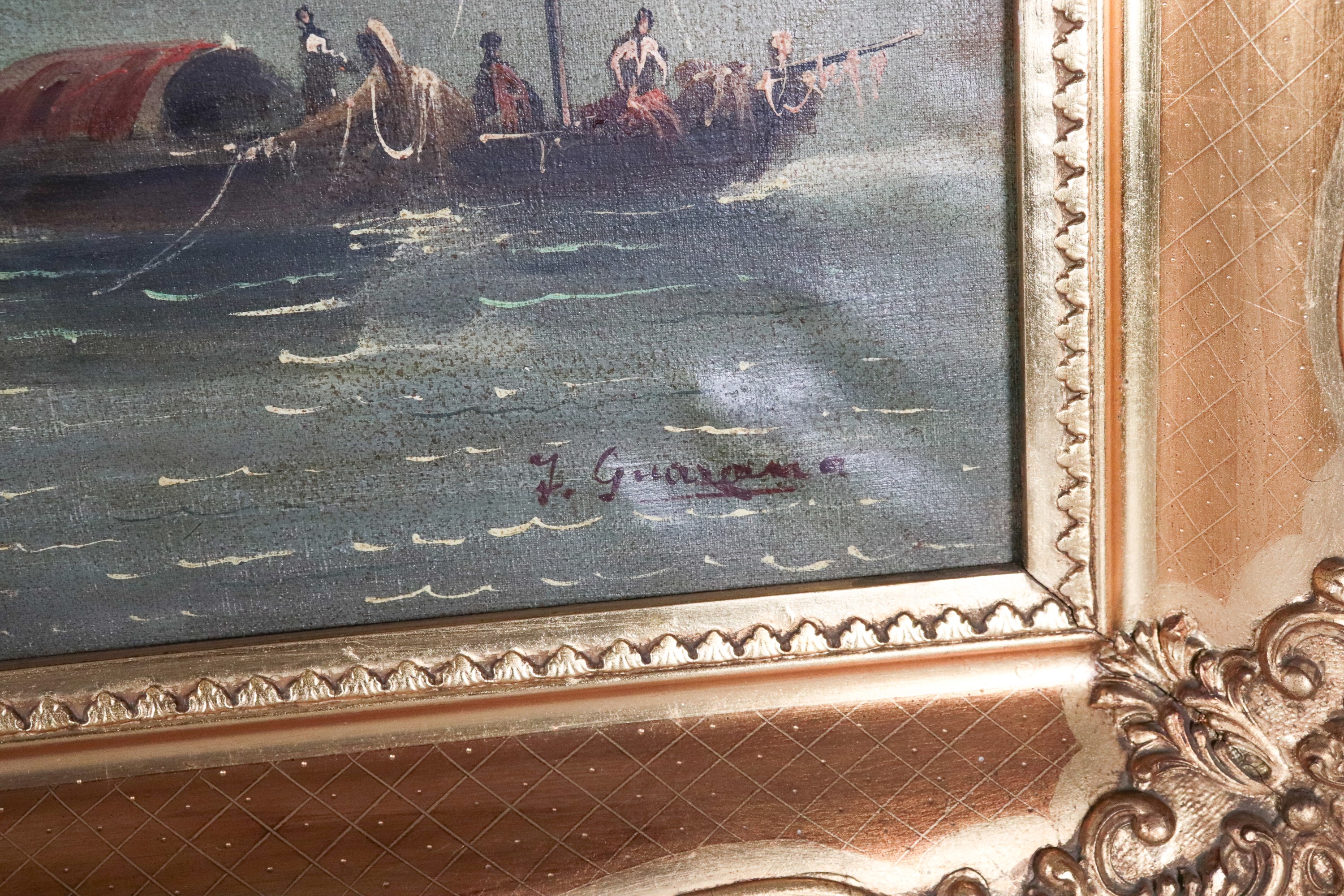 Firmato. "Veduta di Venezia con Piazza San Marco, Palazzo Ducale e gondolieri", luminoso dipinto ...