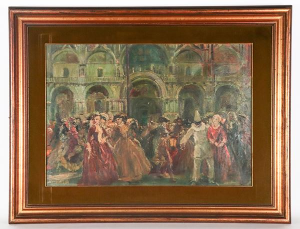 Vincenzo La Bella - Firmato. "Festa di Carnevale a Venezia", dipinto ad olio su tela, cornice in legno dorato e passepartout marrone