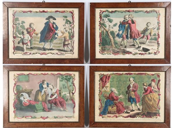 "Quattro delle Sette Opere della Misericordia Spirituale", lotto di quattro antiche incisioni acquarellate in cornici di noce. XVIII Secolo