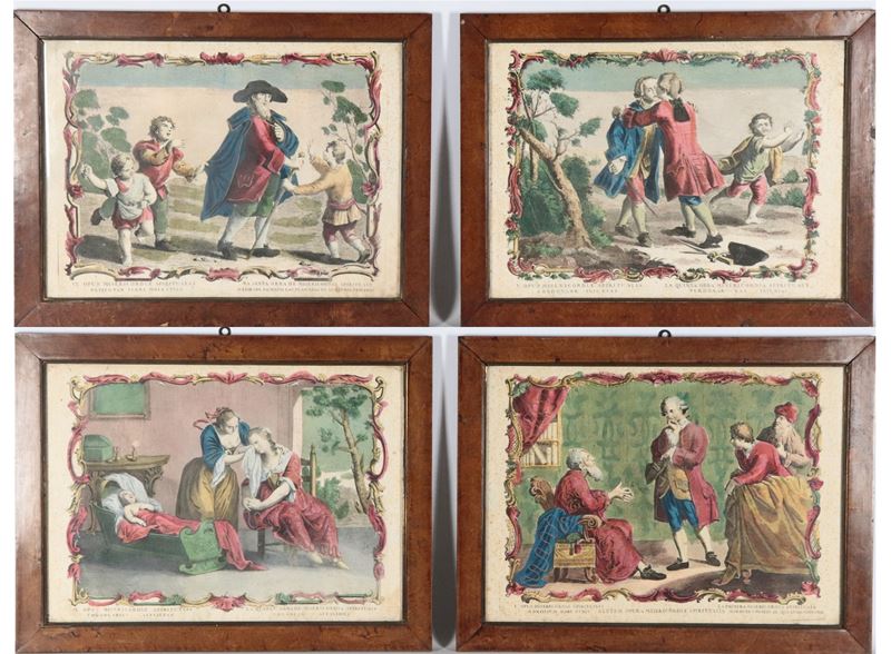 "Quattro delle Sette Opere della Misericordia Spirituale", lotto di quattro antiche incisioni acq...