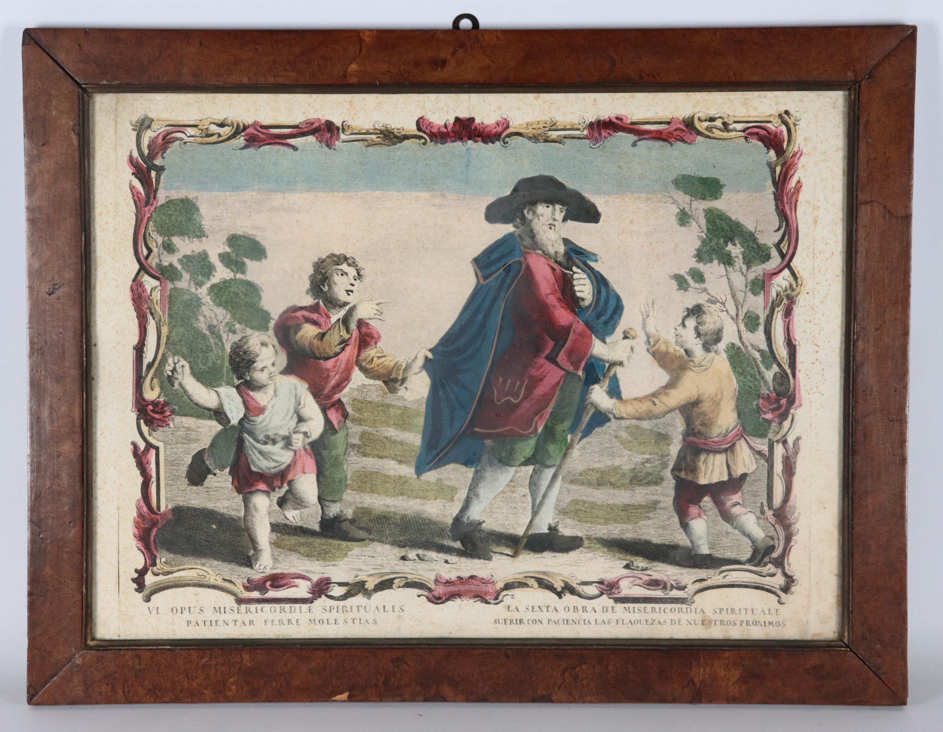 "Quattro delle Sette Opere della Misericordia Spirituale", lotto di quattro antiche incisioni acq...