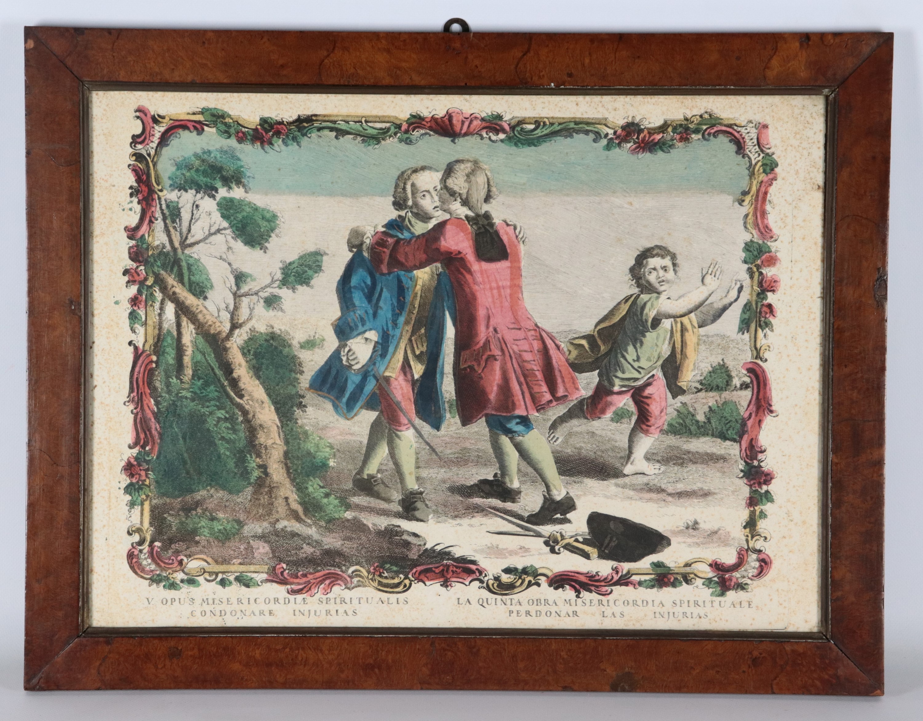 "Quattro delle Sette Opere della Misericordia Spirituale", lotto di quattro antiche incisioni acq...