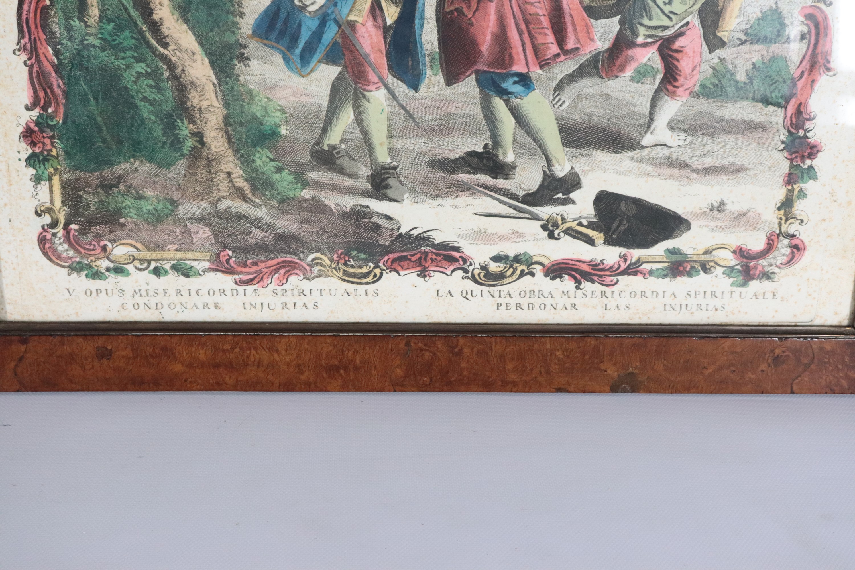 "Quattro delle Sette Opere della Misericordia Spirituale", lotto di quattro antiche incisioni acq...