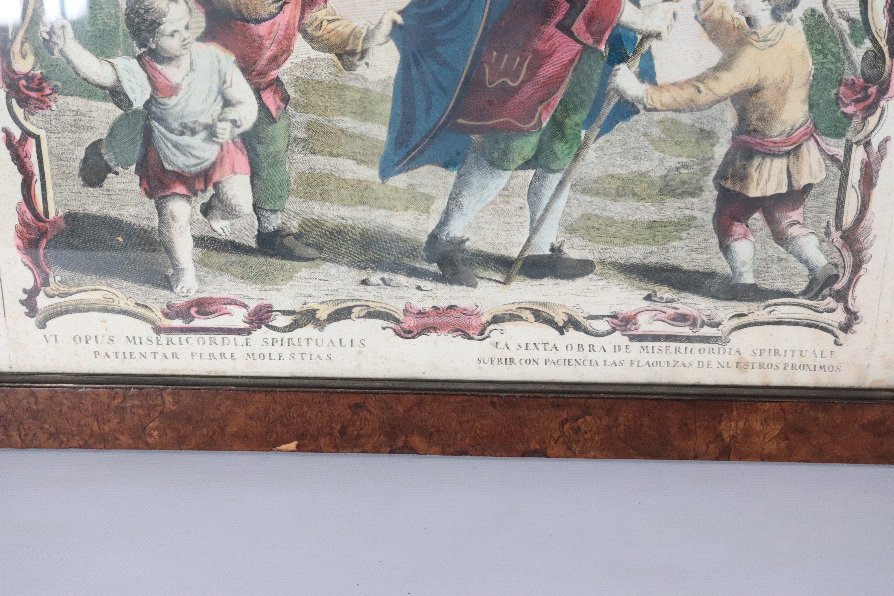 "Quattro delle Sette Opere della Misericordia Spirituale", lotto di quattro antiche incisioni acq...