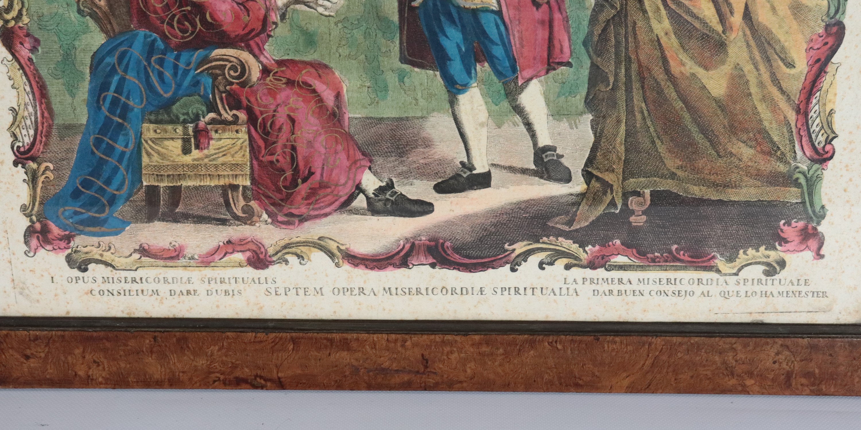 "Quattro delle Sette Opere della Misericordia Spirituale", lotto di quattro antiche incisioni acq...