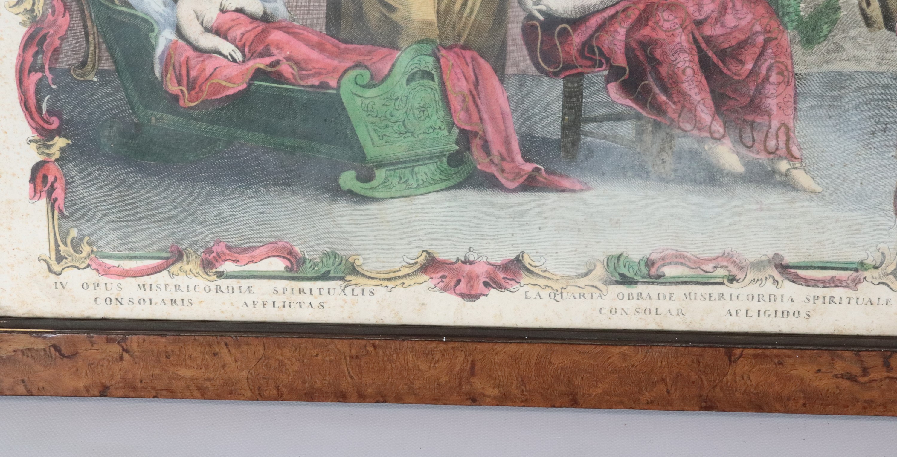 "Quattro delle Sette Opere della Misericordia Spirituale", lotto di quattro antiche incisioni acq...