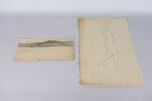 "Paesaggi, veduta di costa e figure", lotto di sei antichi piccoli disegni su carta a china, inchiostro e matita. Varie epoche: dal XVII al XVIII Secolo