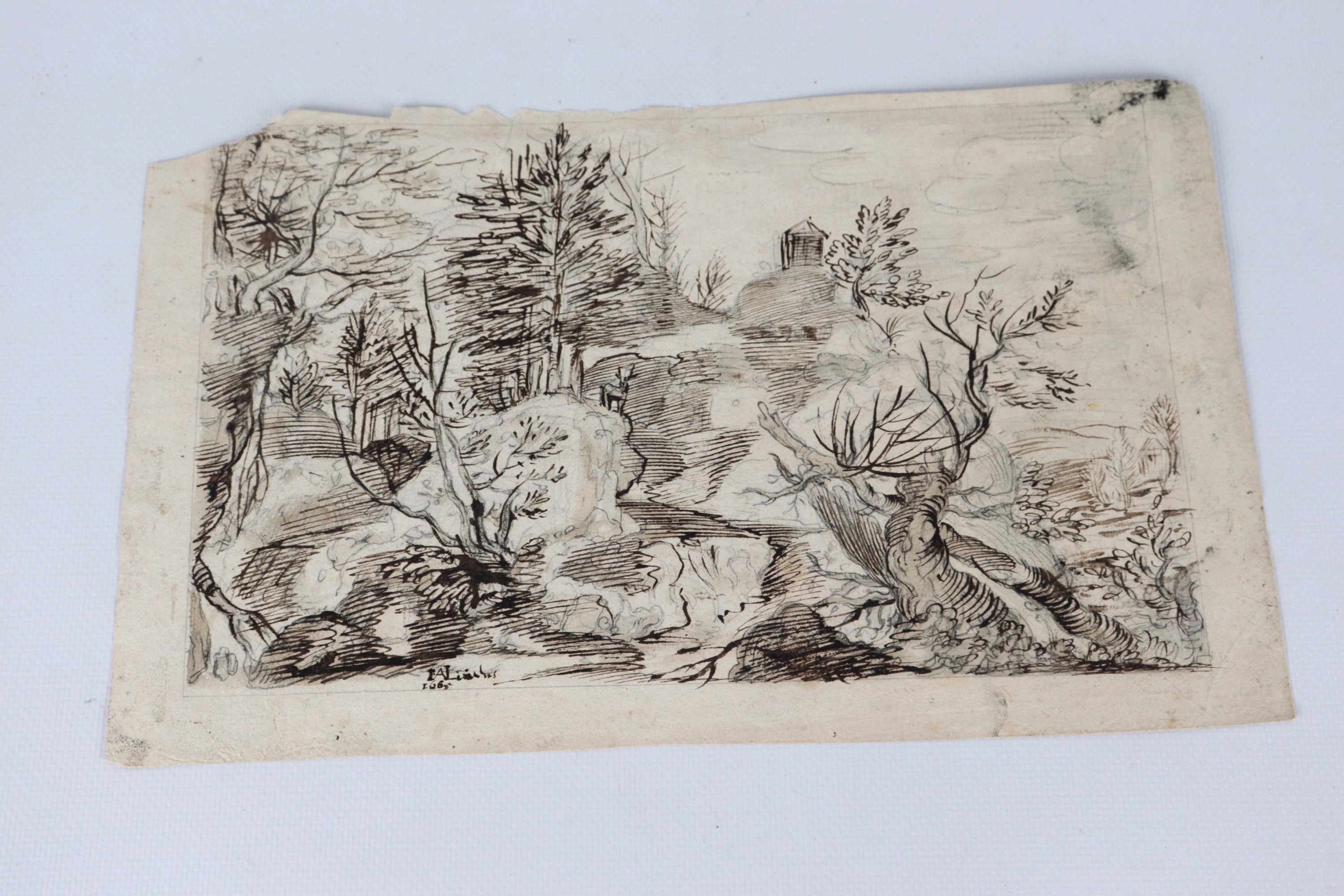 "Paesaggi, veduta di costa e figure", lotto di sei antichi piccoli disegni su carta a china, inch...