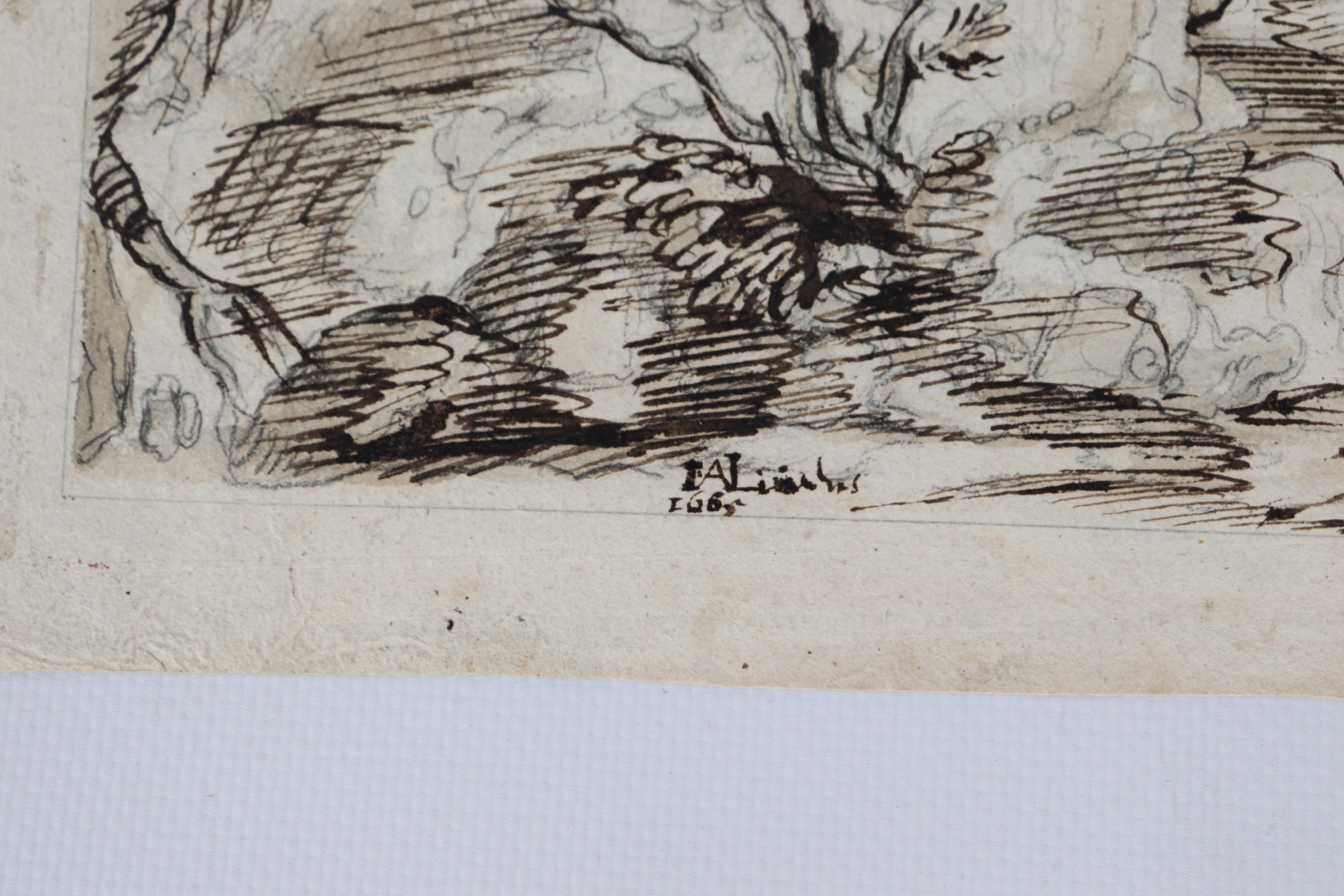 "Paesaggi, veduta di costa e figure", lotto di sei antichi piccoli disegni su carta a china, inch...