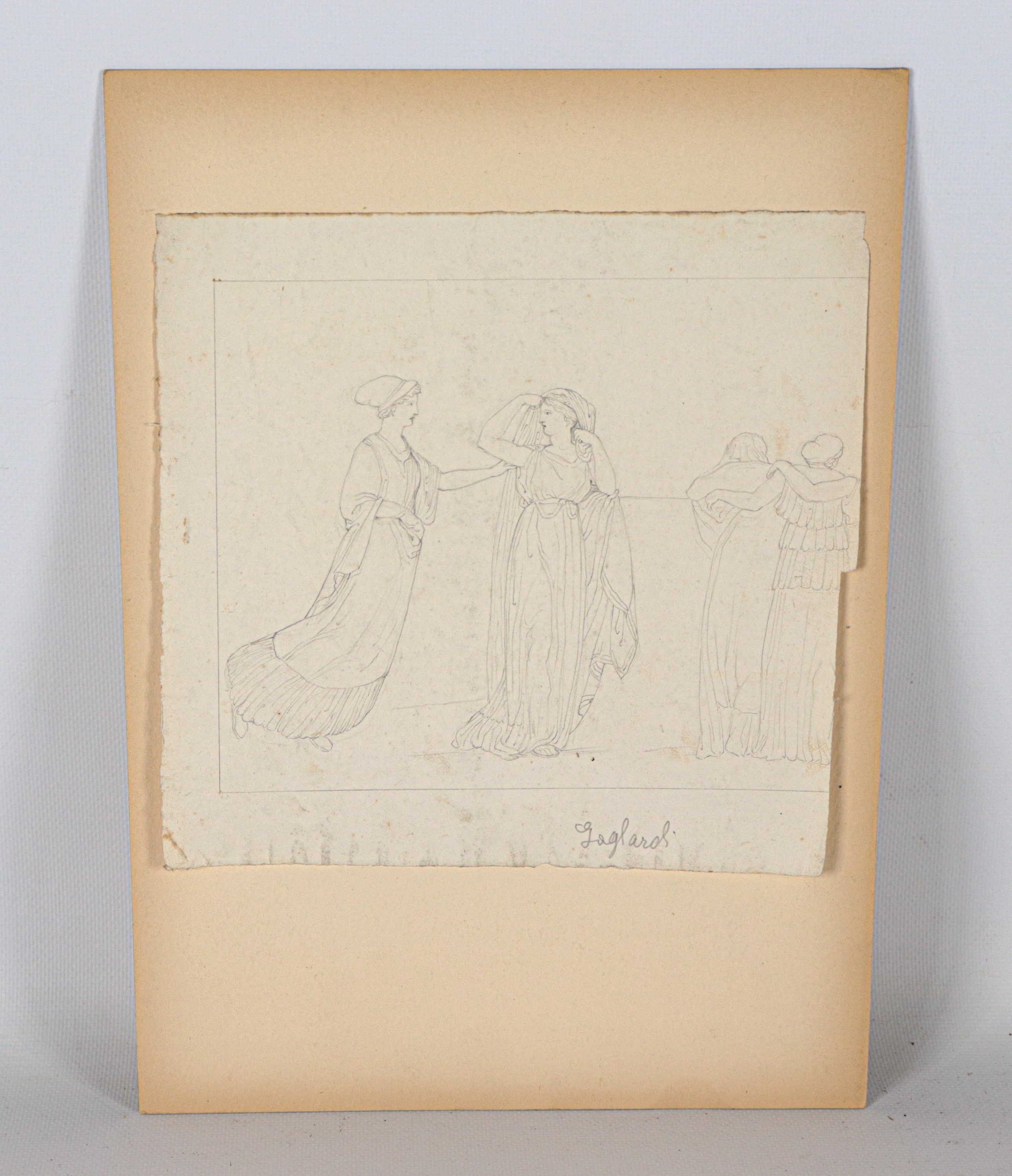 "Paesaggi, veduta di costa e figure", lotto di sei antichi piccoli disegni su carta a china, inch...